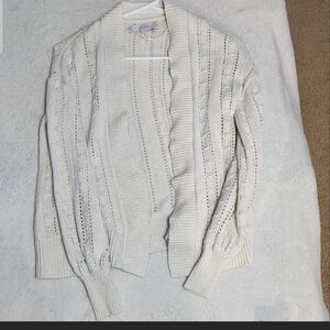 LOFT Ivory Pointelle Crochet Knit Open Front Cardigan Boho Coastal Xs